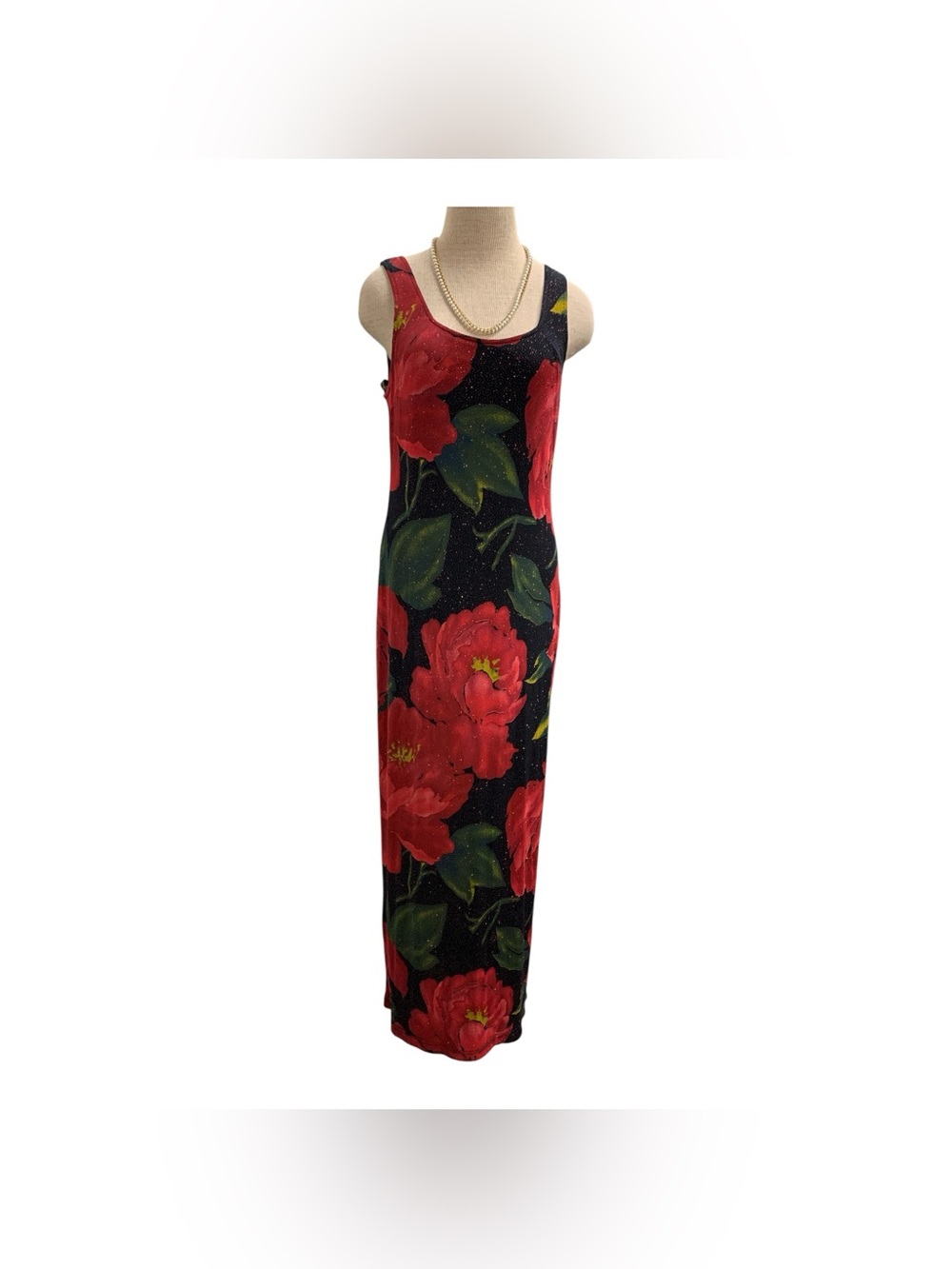 Oblique Sleeveless Black Maxi Dress with Red Floral Print Size L